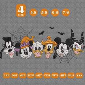 May include: Embroidered Halloween design featuring cartoon characters in costumes, including Mickey Mouse, Donald Duck, and Goofy. The design includes bats and spiderwebs, with size options and file formats listed.