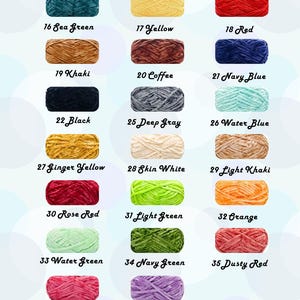 May include: A colour chart displaying 22 different shades of yarn. Colours include Sea Green, Yellow, Red, Khaki, Coffee, Navy Blue, Black, Deep Grey, Water Blue, Ginger Yellow, Skin White, Light Khaki, Rose Red, Light Green, Orange, Water Green, Navy Green, Dusty Red, Rose Pink, and Light Purple.