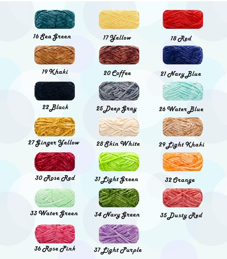 May include: A colour chart displaying 22 different shades of yarn. Colours include Sea Green, Yellow, Red, Khaki, Coffee, Navy Blue, Black, Deep Grey, Water Blue, Ginger Yellow, Skin White, Light Khaki, Rose Red, Light Green, Orange, Water Green, Navy Green, Dusty Red, Rose Pink, and Light Purple.