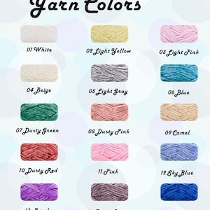May include: A colour chart showing fifteen yarn colours, each labelled with a number and a descriptive name. Colours range from white and light yellow to dusty red and royal blue. The text "Yarn Colors" is at the top.