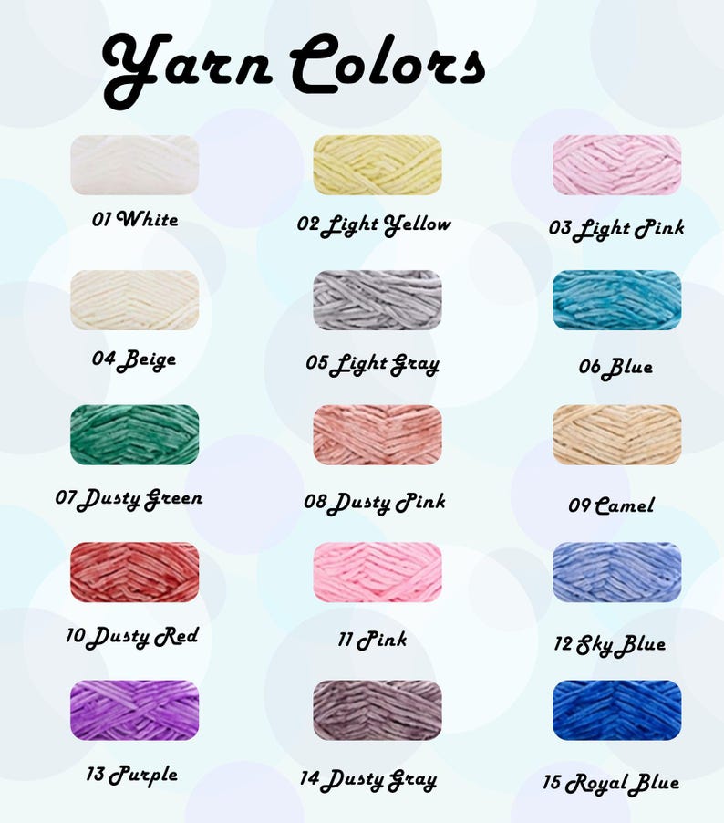May include: A colour chart showing fifteen yarn colours, each labelled with a number and a descriptive name. Colours range from white and light yellow to dusty red and royal blue. The text "Yarn Colors" is at the top.