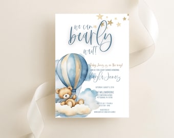Editable Teddy Bear Baby Shower Invitation, Blue Hot Air Balloon (Digital Download)
