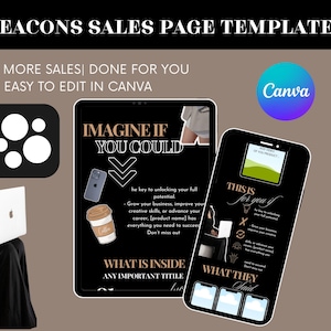 May include: A black and white sales page template for a business or product. The template features a black background with white text and graphics. The text includes the words "Imagine if you could" and "This is for you". The graphics include a coffee cup, a phone, and a laptop. The template is designed to be used on social media or a website.