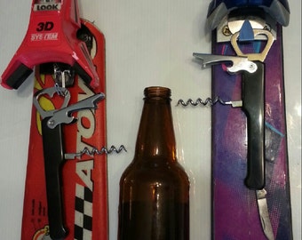 Bottle Opener Hanger made from recycled ski tail makes is a great apres ski gift for any man cave.