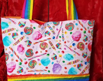 New Medium Handmade Decorated Donuts Treats Denim Tote Bag