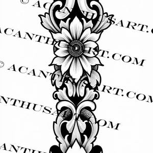 May include: Black and white illustration of a stylized floral design with three flowers and intricate scrollwork.