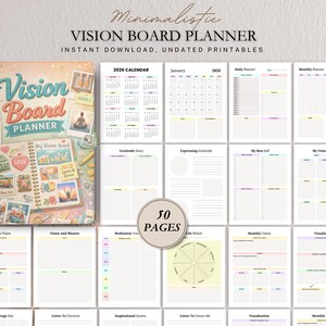 Vision Board Planner, printbaar werkboek voor het stellen van doelen met 50 pagina's