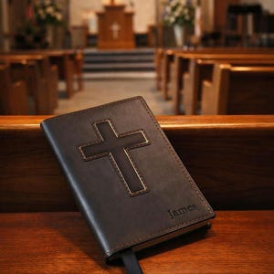 Pode incluir: Um livro de couro castanho escuro com um design de cruz dourada. A palavra "James" está gravada na capa. O livro está sobre uma superfície de madeira numa igreja.