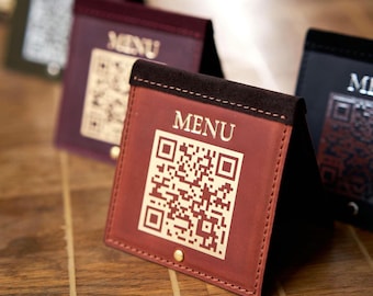 Leather QR Code & NFC Table Sign, Tap to Pay Restaurant Stand, Scan to Pay Menu Display, Custom Logo, Cafe Business Supplies