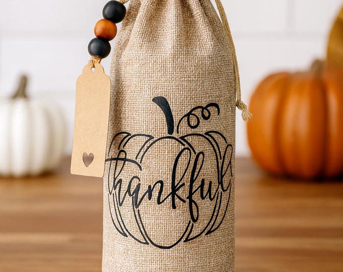 Thanksgiving White or Tan Burlap Wine Gift Bags – Beaded gift tag included