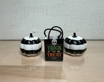 2 Dollhouse Miniature Black and White Pumpkins and Trick-or-Treat sack 1:12