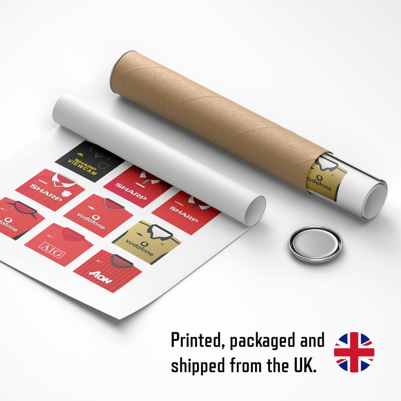 May include: A print featuring a collage of red and gold soccer jerseys with sponsor logos. The print is rolled up with a white tube and a brown tube. The text "Printed, packaged and shipped from the UK" is visible.