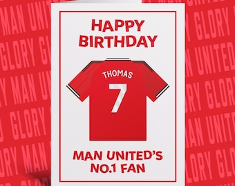 Personalisierte Manchester United Geburtstagskarte | Individuelles Design mit Name und Nummer (Fußballtrikot) | Inklusive Umschlag