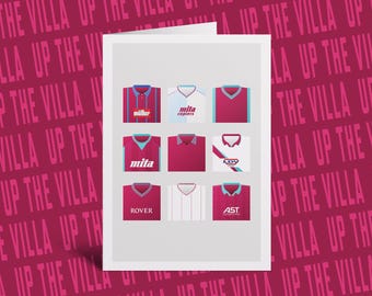 May include: A greeting card featuring nine stylized illustrations of soccer jerseys in claret and blue. The card has a white background with a repeating pattern of the phrase "Up the Villa" in a dark red color.