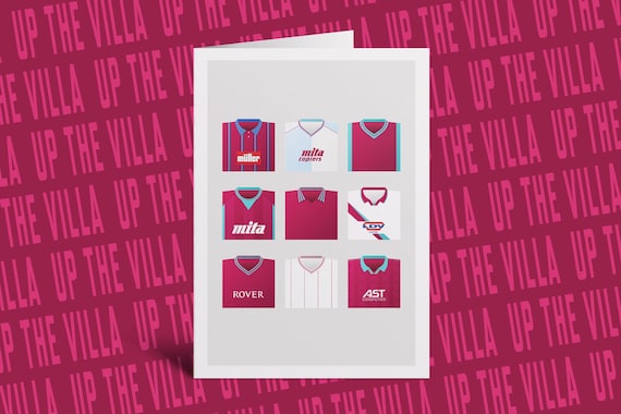 Aston Villa Retro Shirts Greeting Card | Football Birthday Card for Aston Villa Fans | Classic Kits 80s 90s 00s