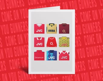 Arsenal Retro Shirts Greeting Card | Football Birthday Card for Arsenal Fans | Classic Kits 80s 90s 00s