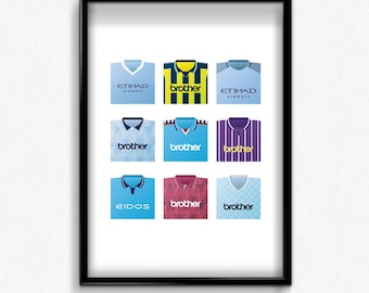 Man City Classic Shirts Print | Retro Football Poster Wall Art for Man City Fans | 80s 90s 00s Kit Gift