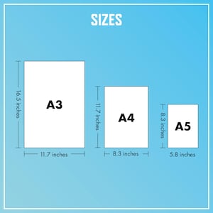 Op de afbeelding: Afbeelding met drie papierformaten: A3 (29,7 x 42 cm), A4 (21 x 29,7 cm) en A5 (14,8 x 21 cm). Het woord "SIZES" staat bovenaan. De achtergrond is een verloop van licht- naar donkerblauw.