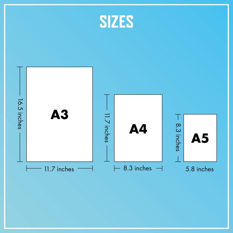 Op de afbeelding: Afbeelding met drie papierformaten: A3 (29,7 x 42 cm), A4 (21 x 29,7 cm) en A5 (14,8 x 21 cm). Het woord "SIZES" staat bovenaan. De achtergrond is een verloop van licht- naar donkerblauw.