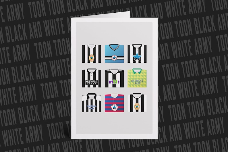 May include: A greetings card displaying nine football shirt designs. The shirts are predominantly black and white, with blue, red, and green details. The card is set against a black background with the words 'Toon Army' repeated.