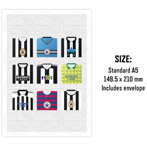 May include: A print featuring nine stylized football shirts in various designs, including black and white stripes, blue, and red. The print is standard A5 size, 148.5 x 210 mm, and includes an envelope.