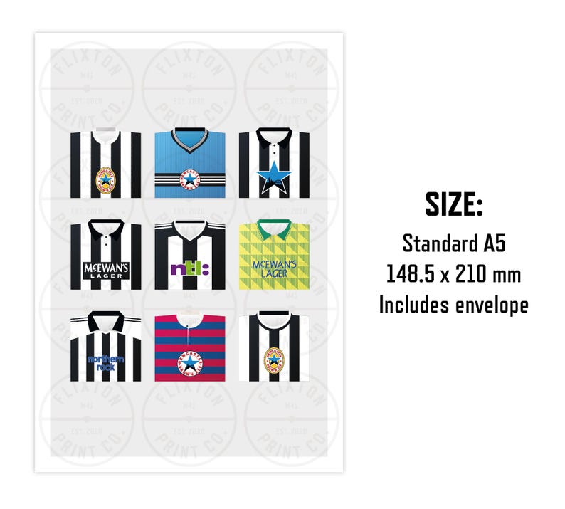 May include: A print featuring nine stylized football shirts in various designs, including black and white stripes, blue, and red. The print is standard A5 size, 148.5 x 210 mm, and includes an envelope.