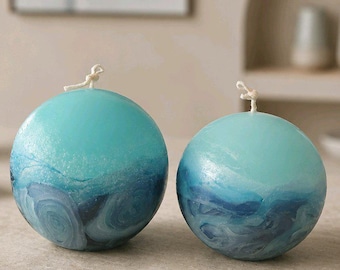 Velas de mármol oceánico en tonos azules y turquesas. Esféricas o cilíndricas hechas a mano, decoración para el hogar.