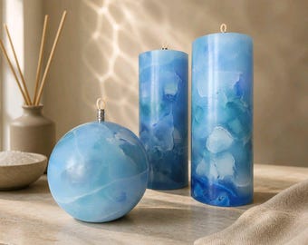 Blue watercolor candles — handmade sphere and cylinder shapes