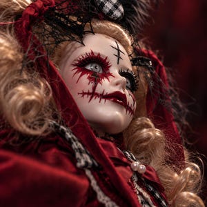 Peut inclure: Une poupée aux cheveux blonds bouclés portant un manteau en velours rouge et un haut-de-forme assorti orné d'une plume noire et d'un bouton à carreaux noir et blanc. La poupée a la peau pâle, des marques faciales rouges et du maquillage sombre.