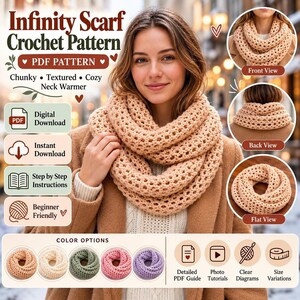 Crochet Cowl Pattern, Chunky Infinity Scarf PDF with Textured Cluster Stitches