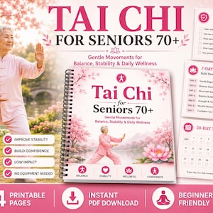 Tai Chi para a Terceira Idade (70+) - PDF para Imprimir | Exercícios Suaves de Equilíbrio | Treino para Prevenção de Quedas | Pacote de Bem-Estar para a Terceira Idade | Acompanhamento do Progresso