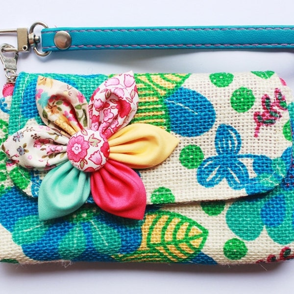 Blue Floral Wristlet cell phone coin iphone blackberry purse SALE Buy 3 Get 1 FREE