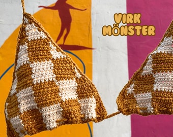 Virkmönster bikiniöverdel, virkad rutig bikini, virkmönster bikinitopp, rutig virkad bikiniöverdel, mönster på Svenska, virkmönster sommar