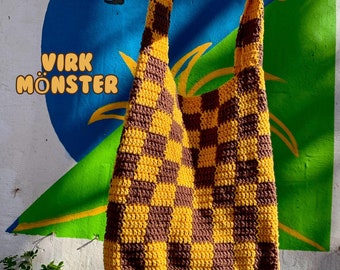 Virkmönster rutig tote bag, virkmönster väska, rutig virkad väska, enkel virkad väska, virkmönster på svenska