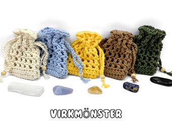 Virkmönster kristallpåse, virkad påse med dragsko, virkmönster liten påse, virkad presentpåse, virkmönster på svenska, enkelt virkmönster