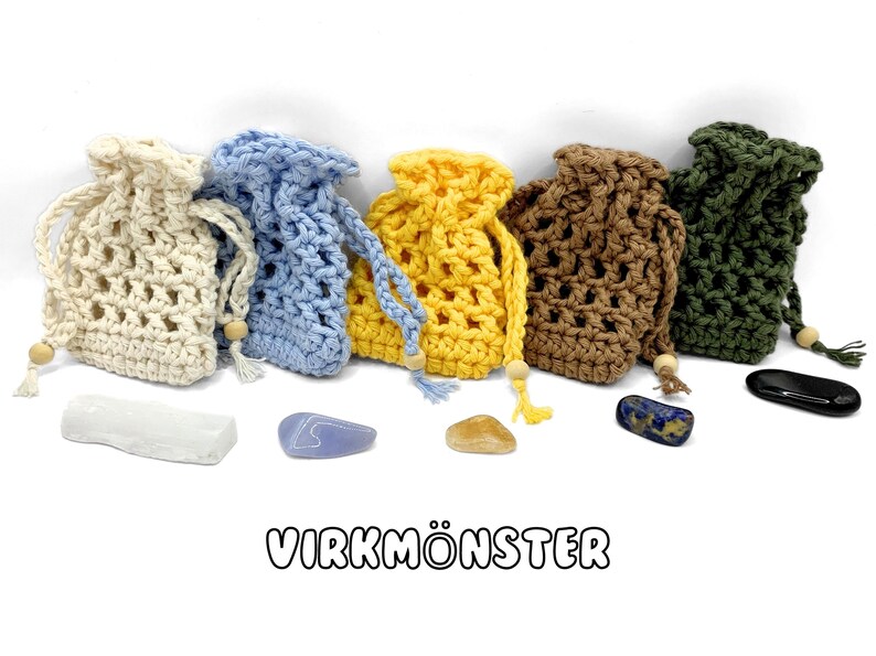 Virkmönster kristallpåse, virkad påse med dragsko, virkmönster liten påse, virkad presentpåse, virkmönster på svenska, enkelt virkmönster