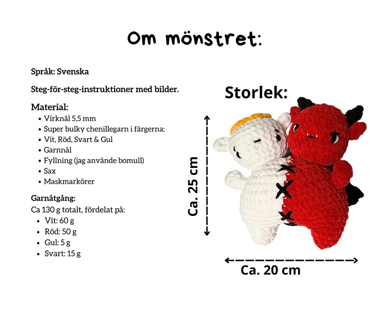 Svenskt virkmönster för en fantasifull virkad figur i PDF-format.