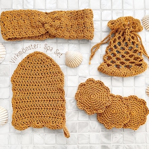 Virkmönster spa-kit paket, virkat spa-set, gåvoset, presentset, nybörjarvänliga virkmönster, PDF mönster på svenska, virkmönsterpaket