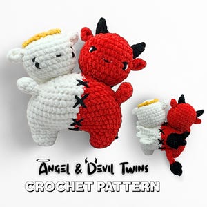 May include: A crochet pattern showing angel and devil twins. The angel is white with yellow hair and wings, and the devil is red with black horns and a tail. The text "Angel & Devil Twins CROCHET PATTERN" is below the figures.