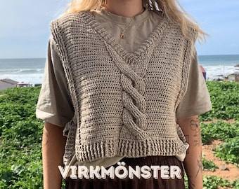 Virkmönster väst, Virkad kabelväst, Västmönster dam, Virkad väst med V-ringning och knytband, PDF mönster på svenska