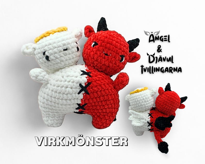 Ängel & Djävul Tvillingar Virkmönster, Amigurumi PDF, Virkad Monsterfigur, Virkmönster Ängel och Djävul, Digitalt Mönster