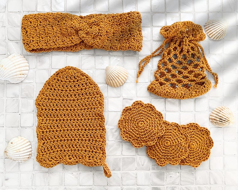Virkmönster paket: spa-kit med exfolierande handske, ansiktsscrubbies och pannband – enkelt virkmönster för spa-tillbehör