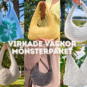 Virkmönster Väskor Paket, Virkmönster Väskor, Paket med 6 PDF-mönster, Axelväska, Handväska, Strandväska, Mormorsruta Väska, Crossbody-väska