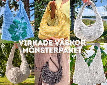 Virkmönster Väskor Paket, Virkmönster Väskor, Paket med 6 PDF-mönster, Axelväska, Handväska, Strandväska, Mormorsruta Väska, Crossbody-väska