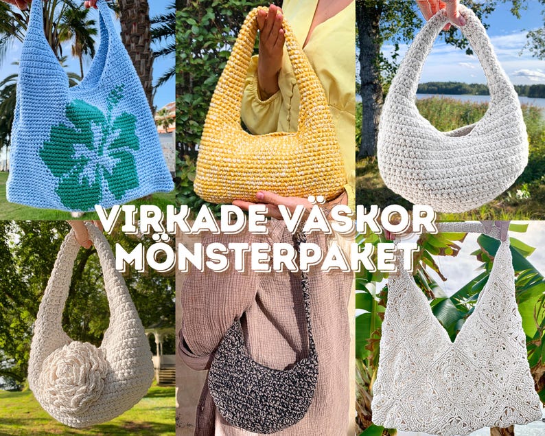 Virkmönster Väskor Paket, Virkmönster Väskor, Paket med 6 PDF-mönster, Axelväska, Handväska, Strandväska, Mormorsruta Väska, Crossbody-väska