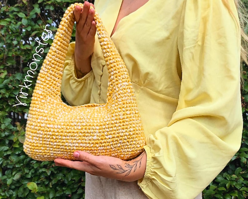 Virkmönster handväska, virkad axelväska, virka väska, virkad väska PDF mönster, virkmönster väska, nybörjarvänlig virkmönster baguette bag