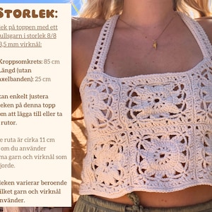 En vacker bohemisk sommartopp virkad av mormorsrutor – perfektion för varma sommardagar.