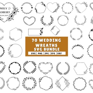 Pacchetto SVG di ghirlande nuziali, monogramma di corona d'alloro con cerchio floreale per matrimonio, cornice floreale per matrimonio, SVG di fiori, ghirlanda di cuori, file istantaneo