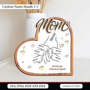 Decoração personalizada de coração para mãos de mãe e filho SVG, presente para mãe, svg para o dia das mães, svg para presentes para o dia das mães, arquivos svg Glowforge, arquivos cortados a laser