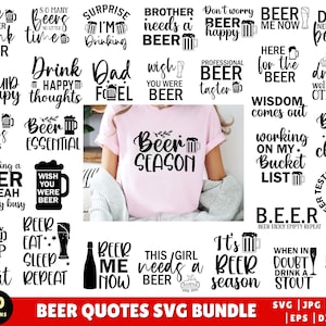 Può includere: Una collezione di 50 design SVG in bianco e nero con citazioni a tema birra. I design includono frasi come "Salva l'acqua, bevi birra", "L'ora della birra", "È la stagione della birra" e "Questa ragazza ha bisogno di una birra".